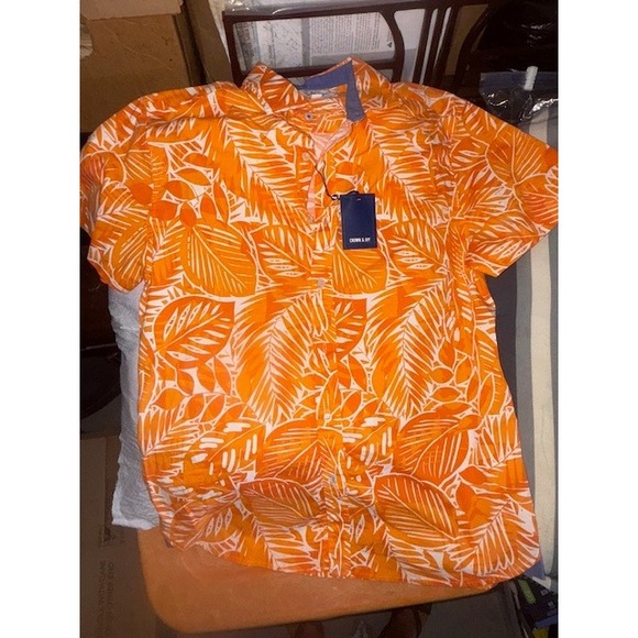 crown & ivy Other - Crown & Ivy Mens Medium Orange Leaf Print Stretch Short Sleeve Button Down Shirt